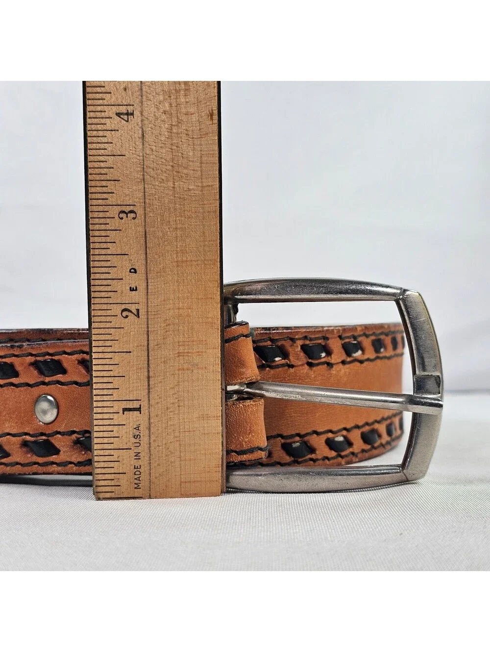 Vintage Tan Leather Whipstitch Belt Mens Brown Woven Boho Western 41.5 Inch